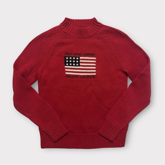Polo Ralph Lauren Sweaters - Vintage Polo Ralph Lauren American Flag Mock neck Sweater Knit - Red SMALL